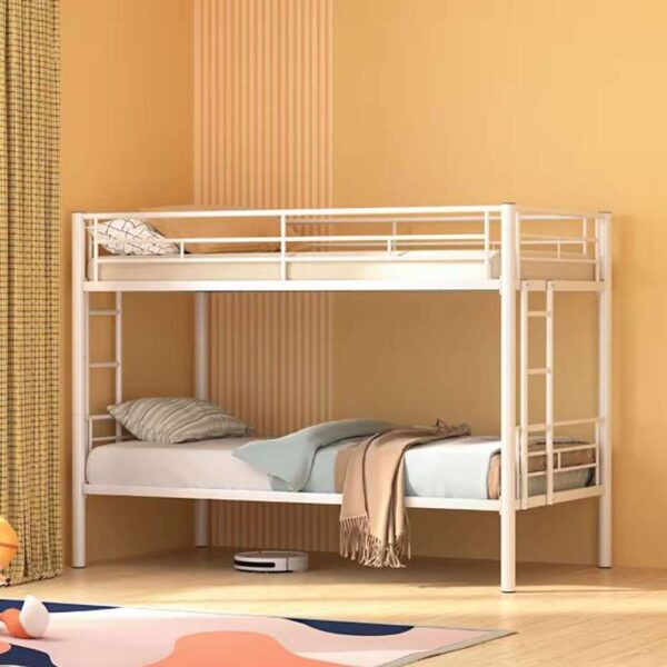 Bunk Bed Metal Twin Over Twin, White Bunkbeds with Ladder and Full-Length Guardrail, Noise Free Platform Bed Frame