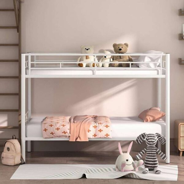 Bunk Bed Metal Twin Over Twin, White Bunkbeds with Ladder and Full-Length Guardrail, Noise Free Platform Bed Frame