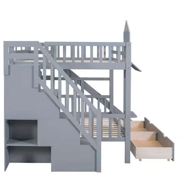 Gray Full over Full Castle Style Wood Bunk Bed with Storage Staircases, 2 Drawers, Shelves and Slide