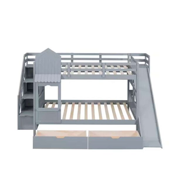 Gray Full over Full Castle Style Wood Bunk Bed with Storage Staircases, 2 Drawers, Shelves and Slide