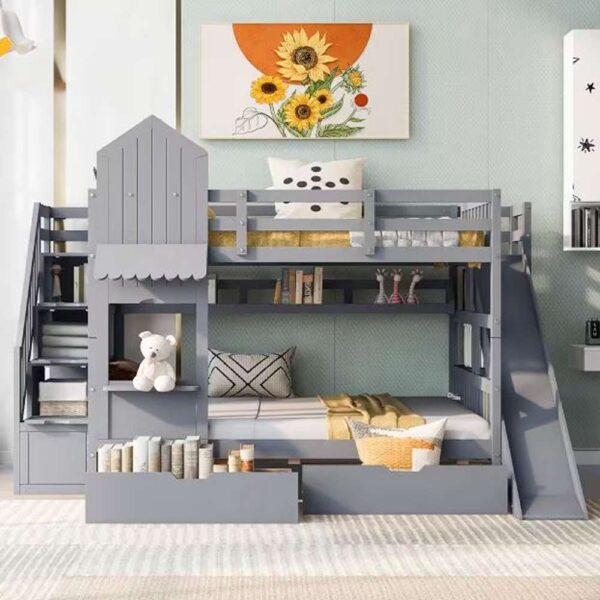Gray Full over Full Castle Style Wood Bunk Bed with Storage Staircases, 2 Drawers, Shelves and Slide
