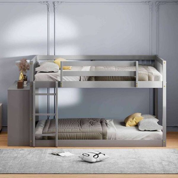 Gray Full Over Full Bunk Bed with 4 Drawers and 3 Shelves