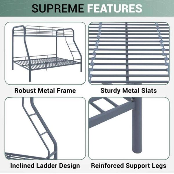 Sleek Gray Metal Bunk Bed - Twin Over Full, Bunk Sized Bed with Safety Rails and Ladder