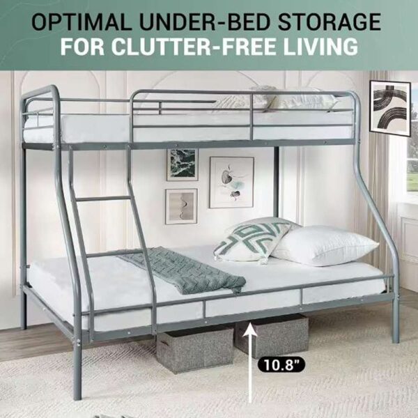Sleek Gray Metal Bunk Bed - Twin Over Full, Bunk Sized Bed with Safety Rails and Ladder