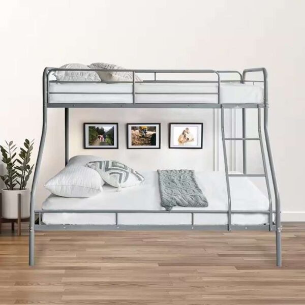 Sleek Gray Metal Bunk Bed - Twin Over Full, Bunk Sized Bed with Safety Rails and Ladder